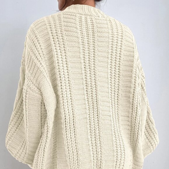 Beige Casual Womens Solid Button Front Cable Knit Cardigan - Picture 2 of 5